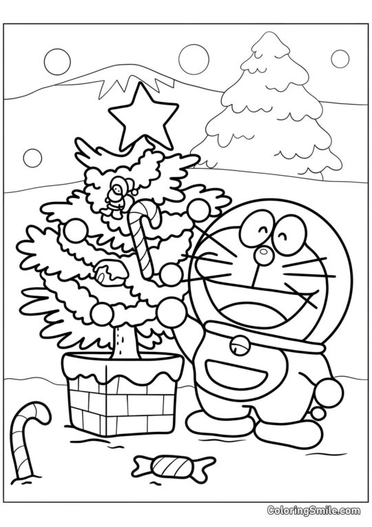 Doraemon com Árvore de Natal - Página para Colorir