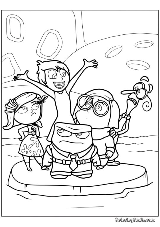 Alegria, Tristeza, Raiva, Nojo e Medo nadando - Página para Colorir