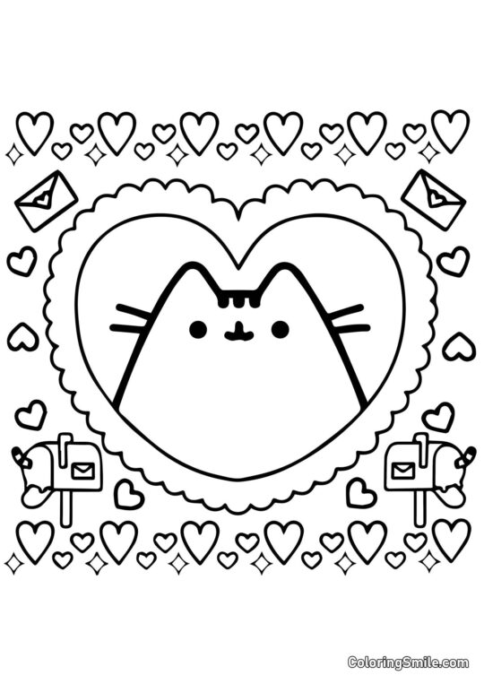 Pusheen, o Gato do Dia dos Namorados - Página para Colorir