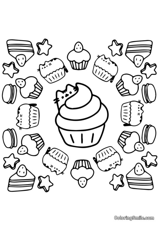 Pusheen, o Gato e Doces (Terapia Artística) - Página para Colorir