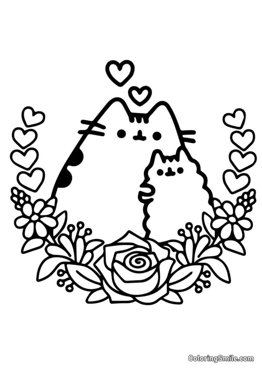 Pusheen, o Gato e Coroa de Rosas - Página para Colorir