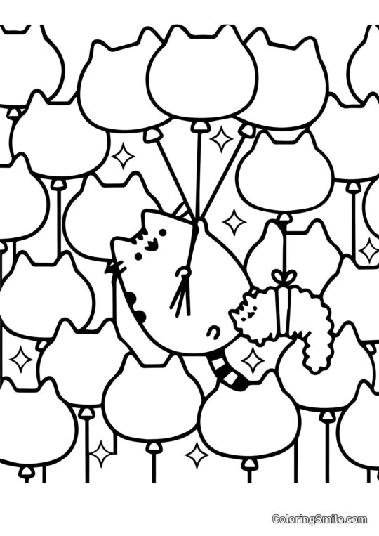Pusheen, o Gato e Balões (Terapia Artística) - Página para Colorir
