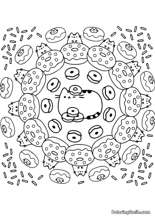 Pusheen, o Gato e Donuts (Terapia Artística) - Página para Colorir