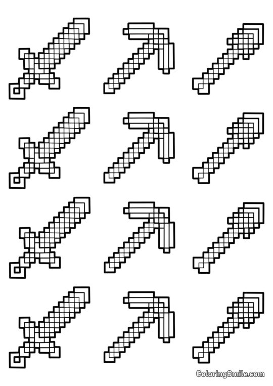 Espada, Picareta e Pás do Minecraft - Página para Colorir