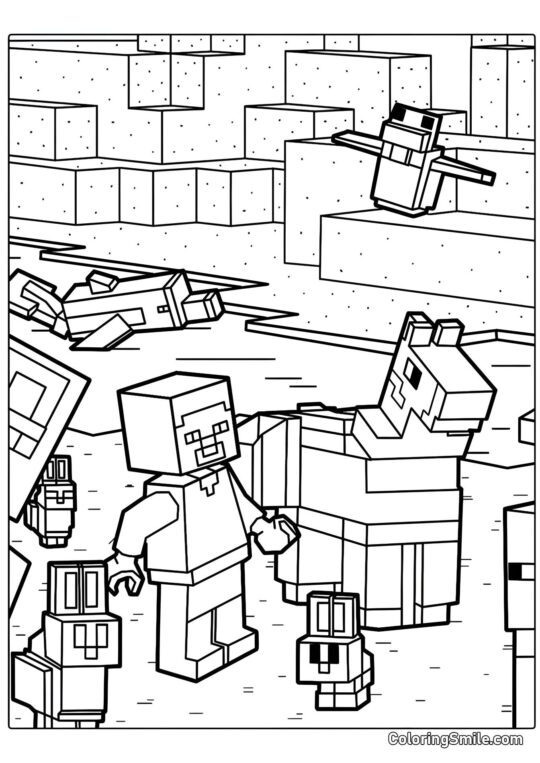 Steve com Lhama e Coelhos - Página para Colorir