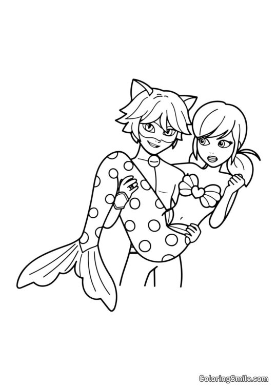 Joaninha Sereia nos Braços do Cat Noir Joaninha Sereia nos Braços do Cat Noir - Página para Colorir