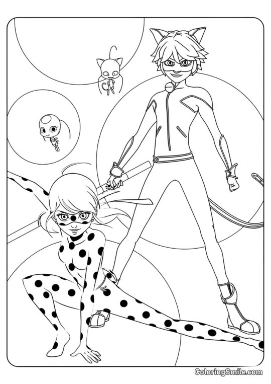 Joaninha e Cat Noir Joaninha e Cat Noir - Página para Colorir