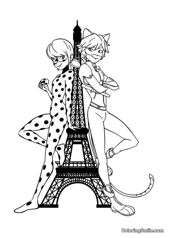 Joaninha e Cat Noir na Torre Eiffel Joaninha e Cat Noir na Torre Eiffel - Página para Colorir