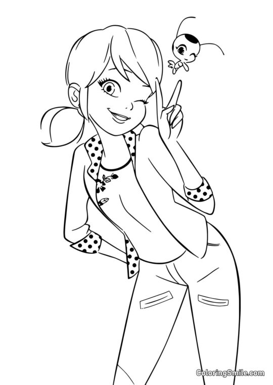 Marinette Dupain-Cheng com Kwami Marinette Dupain-Cheng com Kwami - Página para Colorir
