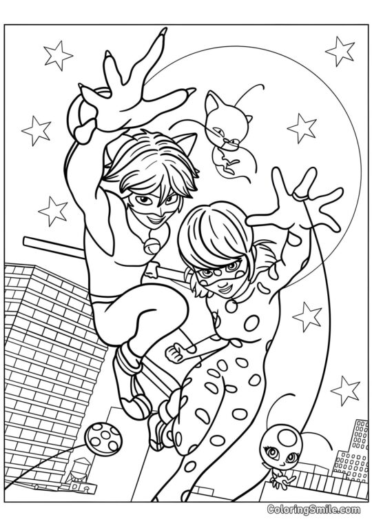 Maravilhosa Joaninha e Cat Noir Maravilhosa Joaninha e Cat Noir - Página para Colorir