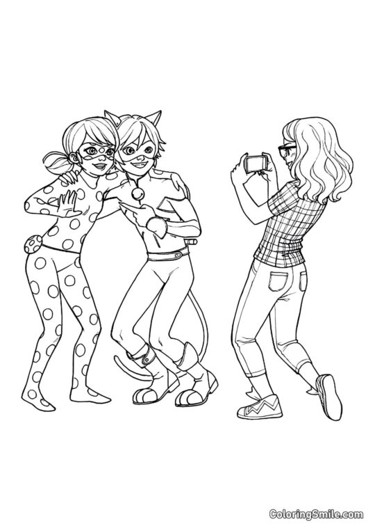 Alya Fotografando Joaninha e Cat Noir Alya Fotografando Joaninha e Cat Noir - Página para Colorir