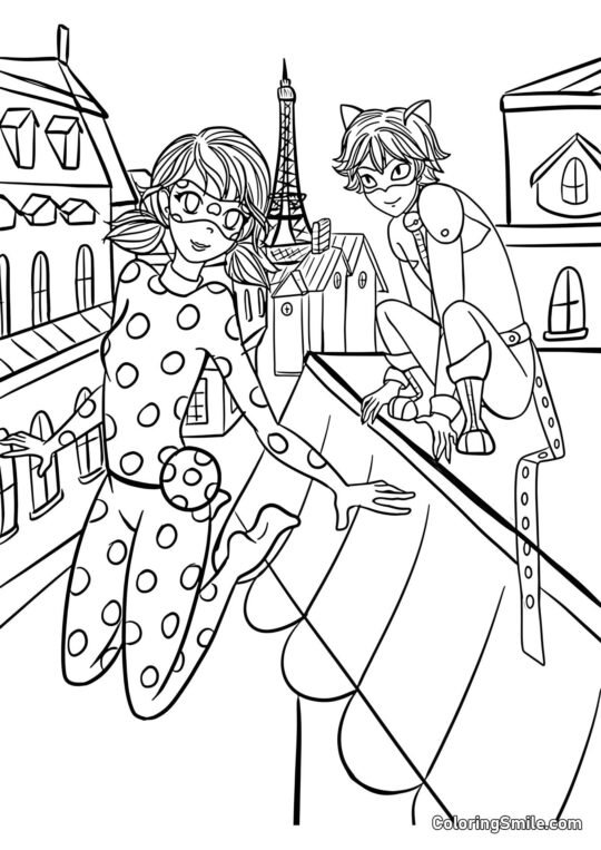 Joaninha e Cat Noir em Paris Joaninha e Cat Noir em Paris - Página para Colorir