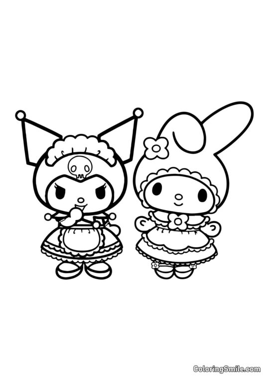 Kuromi e My Melody em Vestidos - Página para Colorir