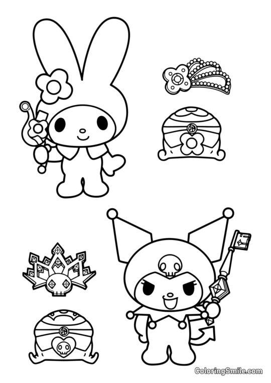 My Melody com Varinha Mágica e Kuromi com Chave da Melodia - Página para Colorir