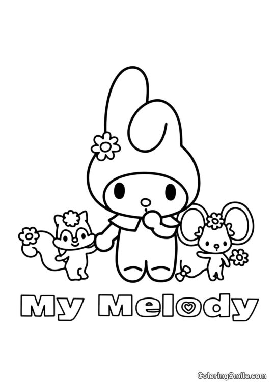 My Melody com Esquilo e Rato - Página para Colorir