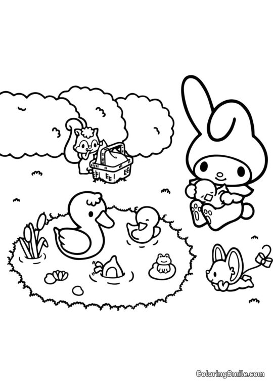 My Melody ao Lado do Lago - Página para Colorir