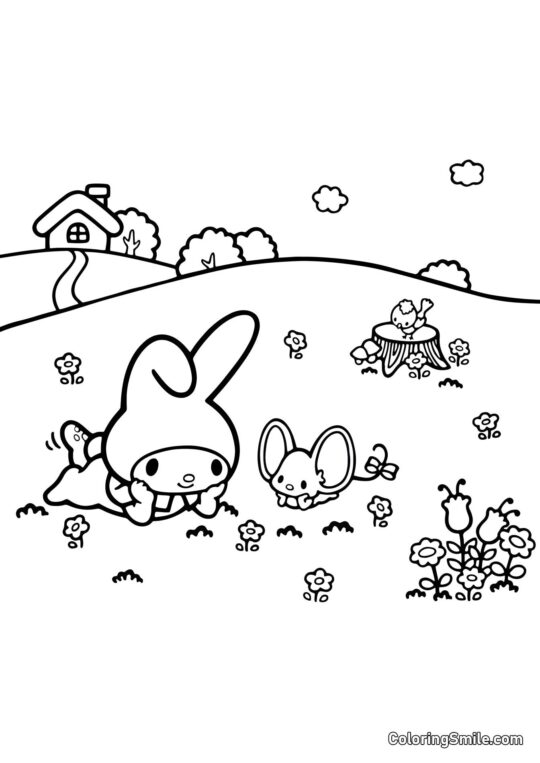 My Melody com Melhor Amiga Deitada no Prado - Página para Colorir