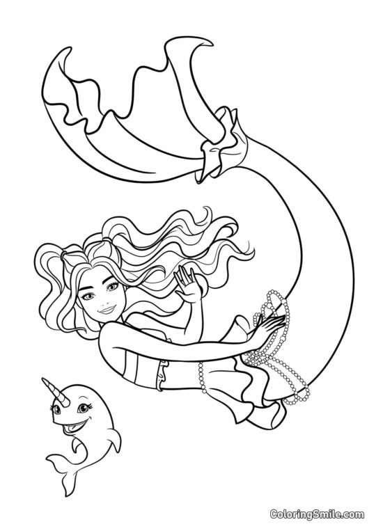 Barbie sereia acenando com narval - Página para Colorir