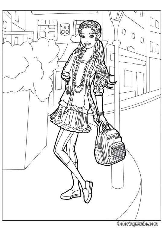 Barbie com uma mochila - Página para Colorir