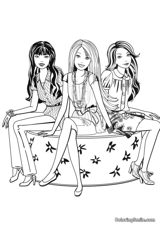 Barbie em um banco com amigos - Página para Colorir