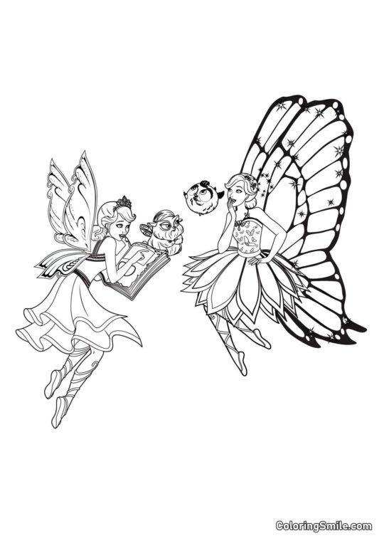 Fadas Barbie com animais de estimação - Página para Colorir