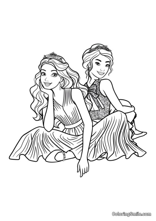 Barbie com uma amiga sentada no chão - Página para Colorir