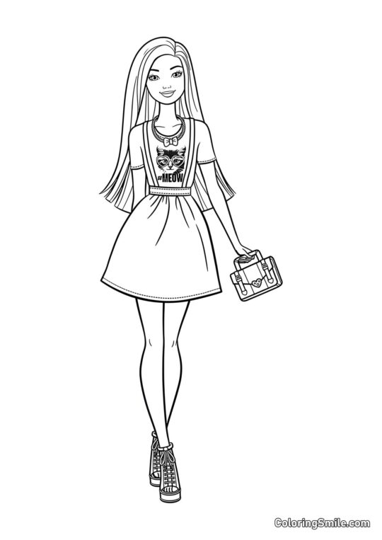 Barbie em uma camisa com um gatinho - Página para Colorir