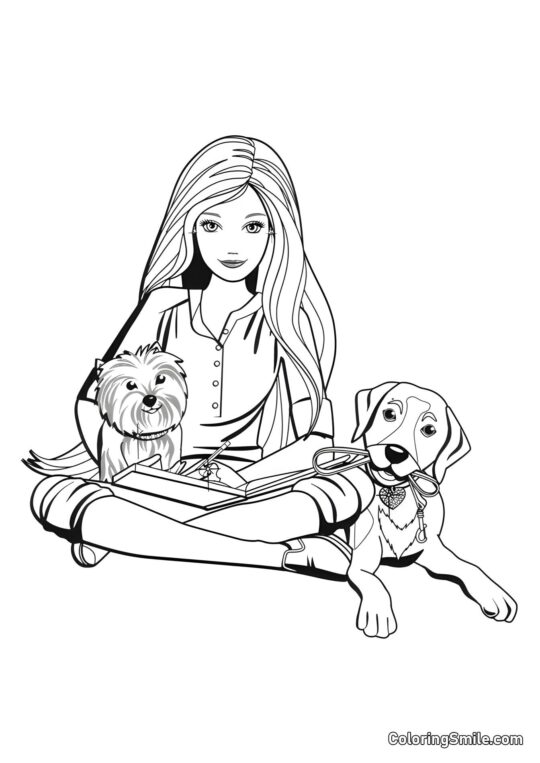 Barbie com dois cachorros - Página para Colorir