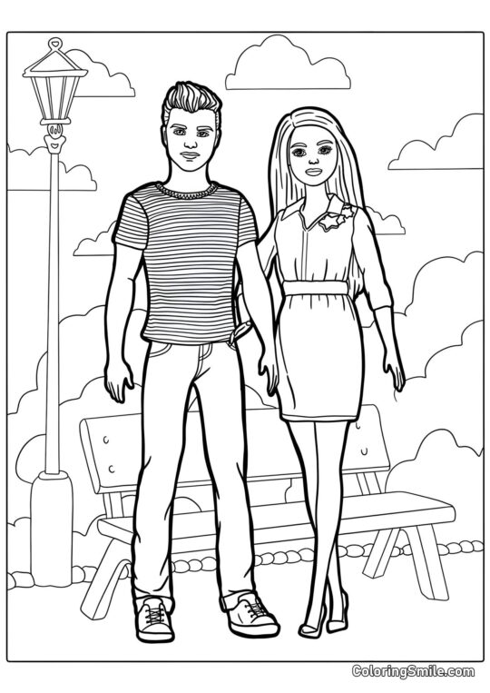 Barbie e Ken no parque - Página para Colorir