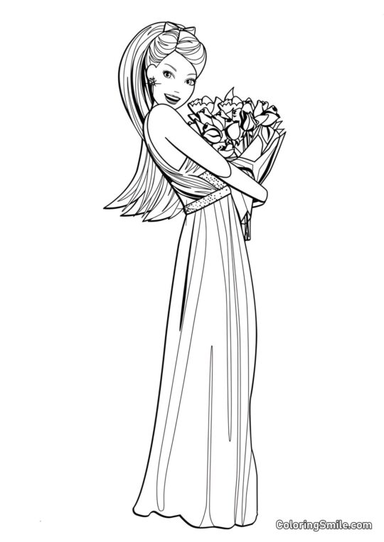 Barbie com um buquê de flores - Página para Colorir