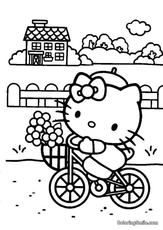 Kitty de Bicicleta Indo à Loja - Página para Colorir