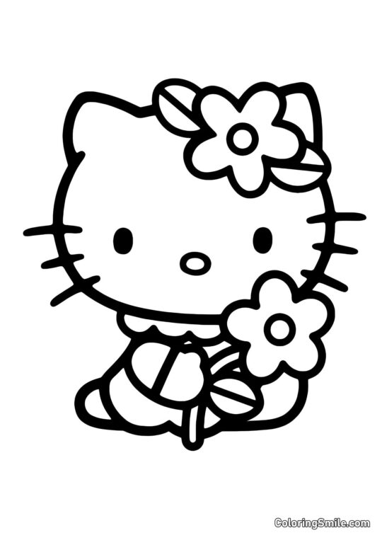 Kitty com uma Margarida - Página para Colorir