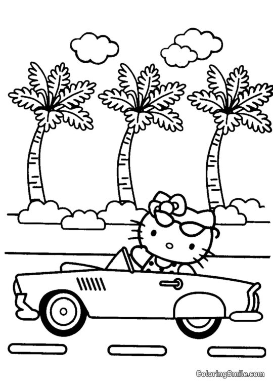 Kitty com um Carro Novo - Página para Colorir
