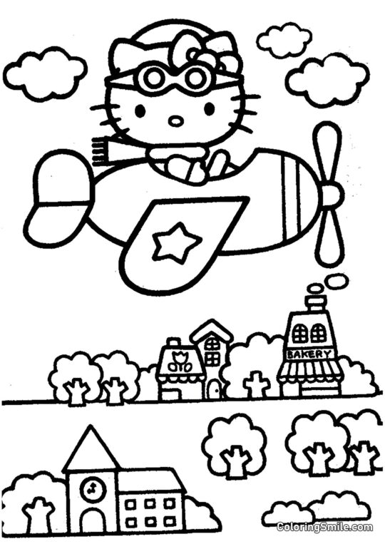 Hello Kitty Voando Sobre a Cidade - Página para Colorir