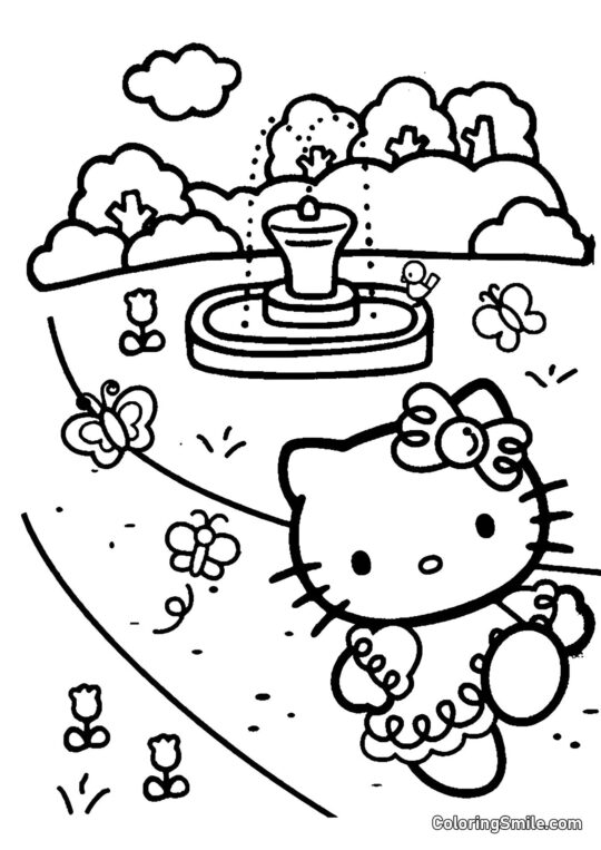 Kitty ao Lado da Fonte - Página para Colorir