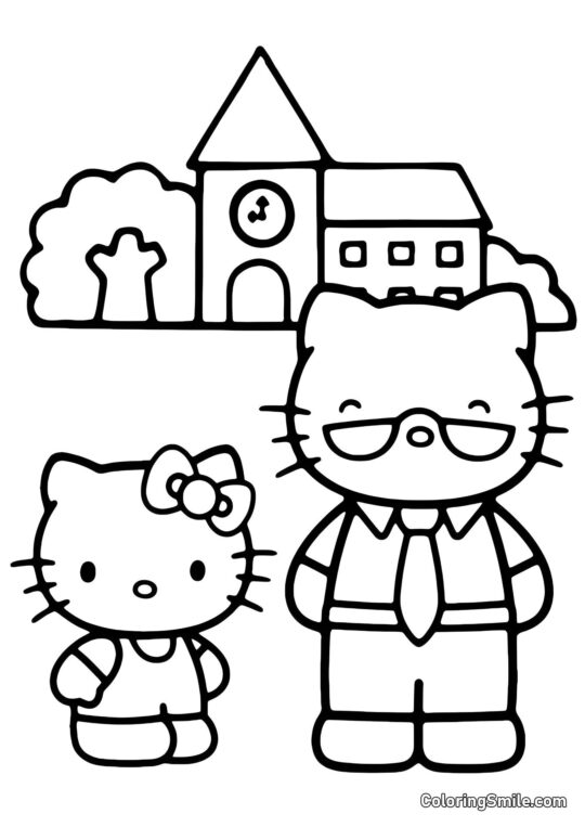 Kitty com o Papai Perto de Casa - Página para Colorir
