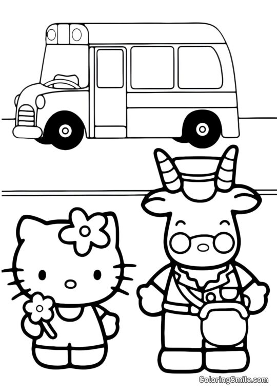 Kitty no Ponto de Ônibus - Página para Colorir