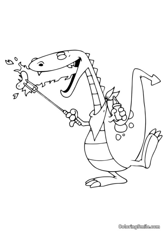 Dragão Assando uma Salsicha - Página para Colorir