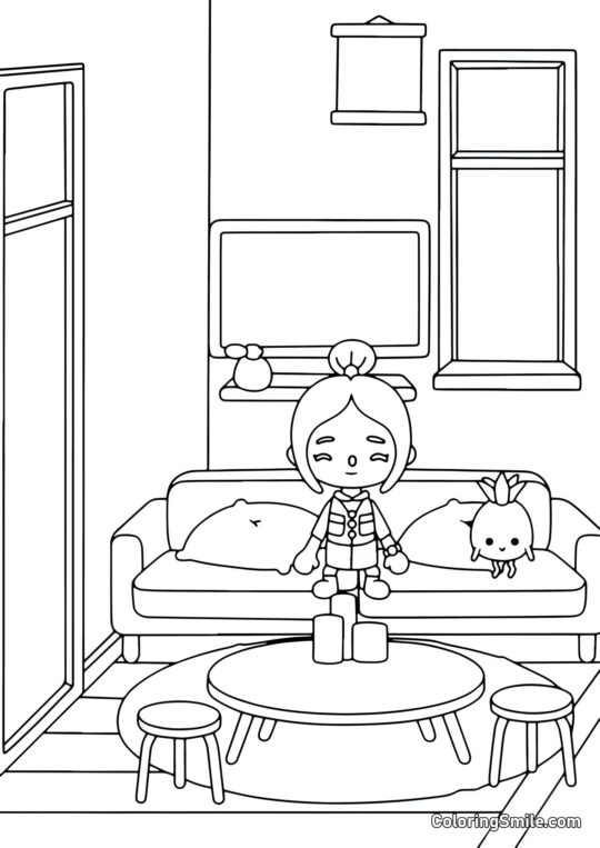 Toca Boca menina em um quarto de estilo oriental - Página para Colorir