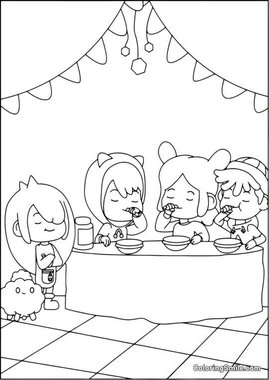 Toca Boca crianças tomando café da manhã - Página para Colorir