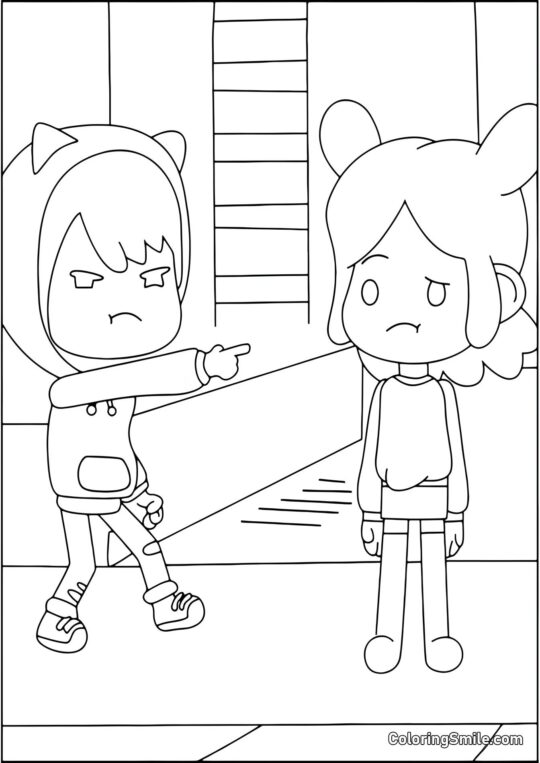 Toca Boca Zeke aponta o dedo para Rita - Página para Colorir