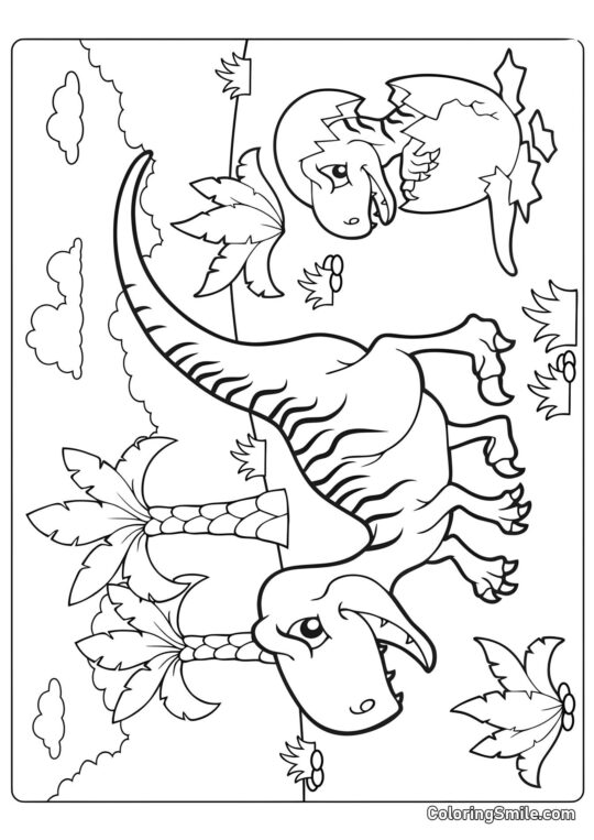 Dinossauro Feroz de Desenho Animado e Ovo Chocando Dinossauro Feroz de Desenho Animado e Ovo Chocando - Página para Colorir