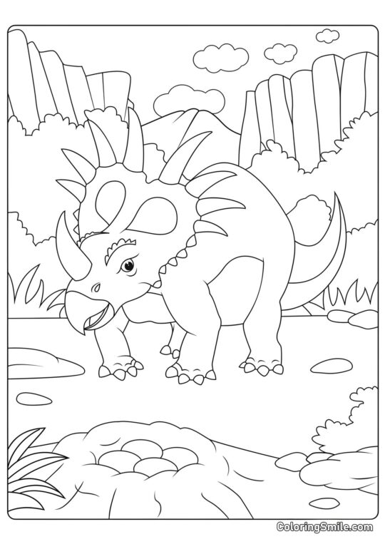 Styracosaurus Perto do Ninho com Ovos Styracosaurus Perto do Ninho com Ovos - Página para Colorir