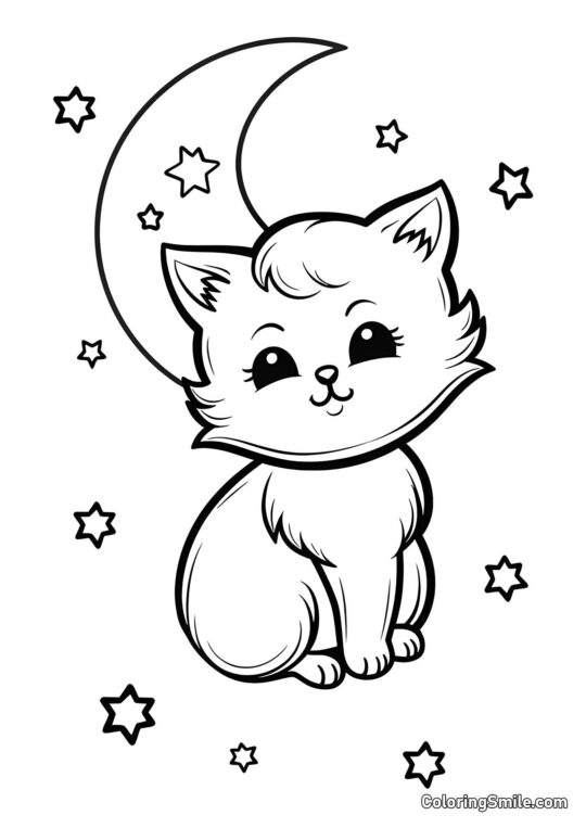 Gato e Lua - Página para Colorir