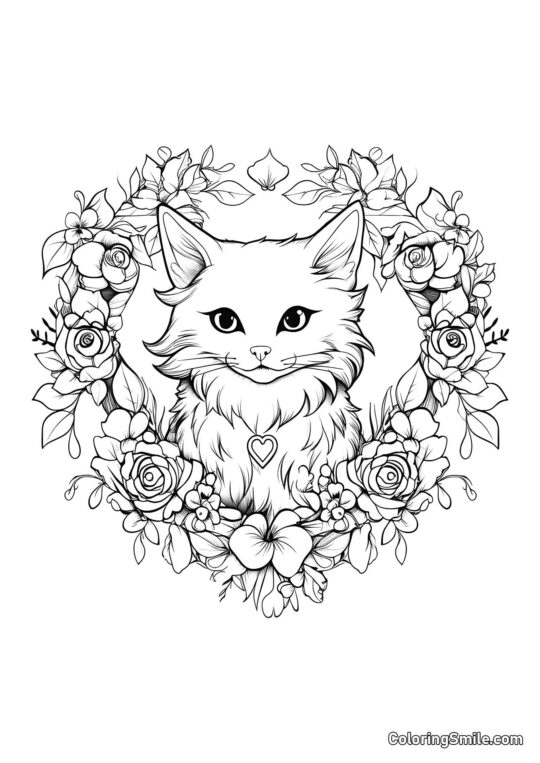 Gato com Coroa de Flores - Página para Colorir