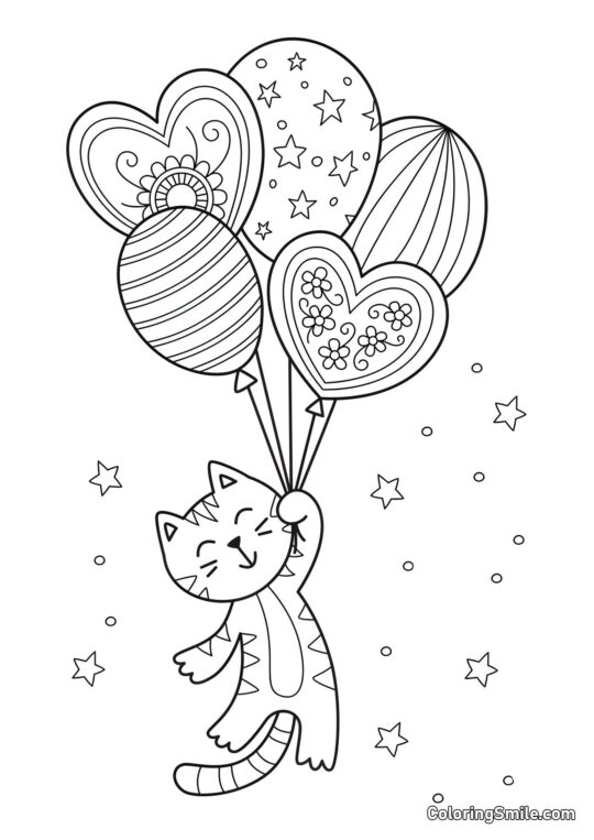 Gato com Balões para um Cartão - Página para Colorir
