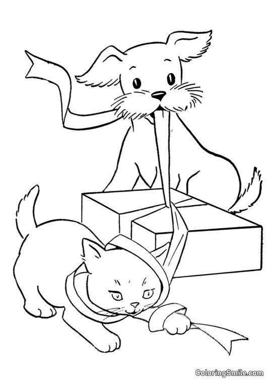 Gato e Cachorro Abrindo um Presente - Página para Colorir