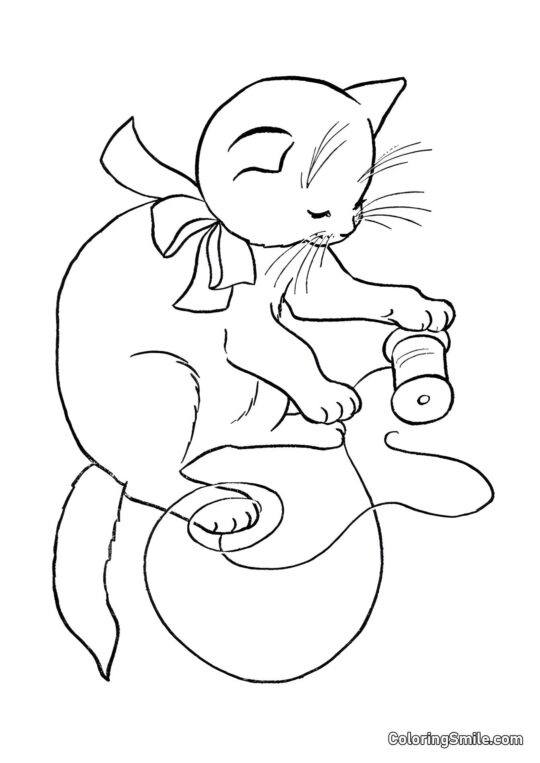 Gato Brincando com Cordas - Página para Colorir