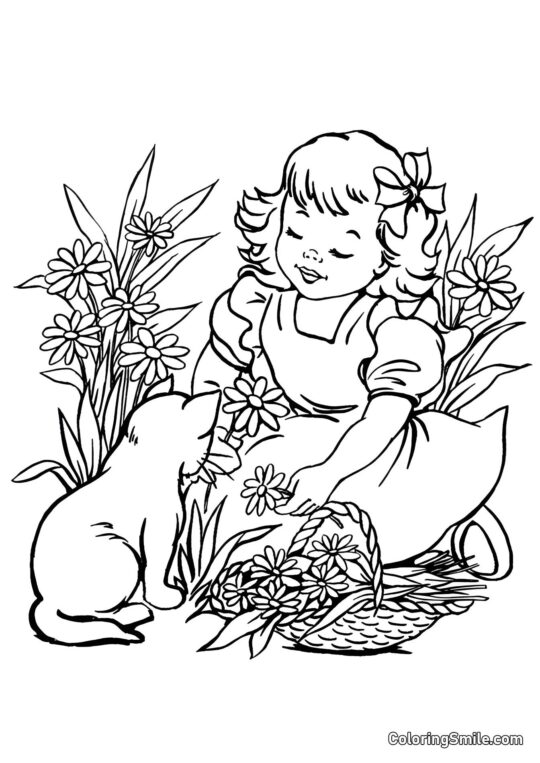 Gato e Menina Colhendo Margaridas - Página para Colorir