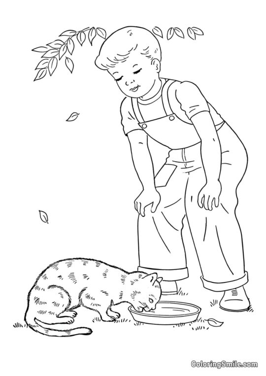 Gato e Menino - Página para Colorir